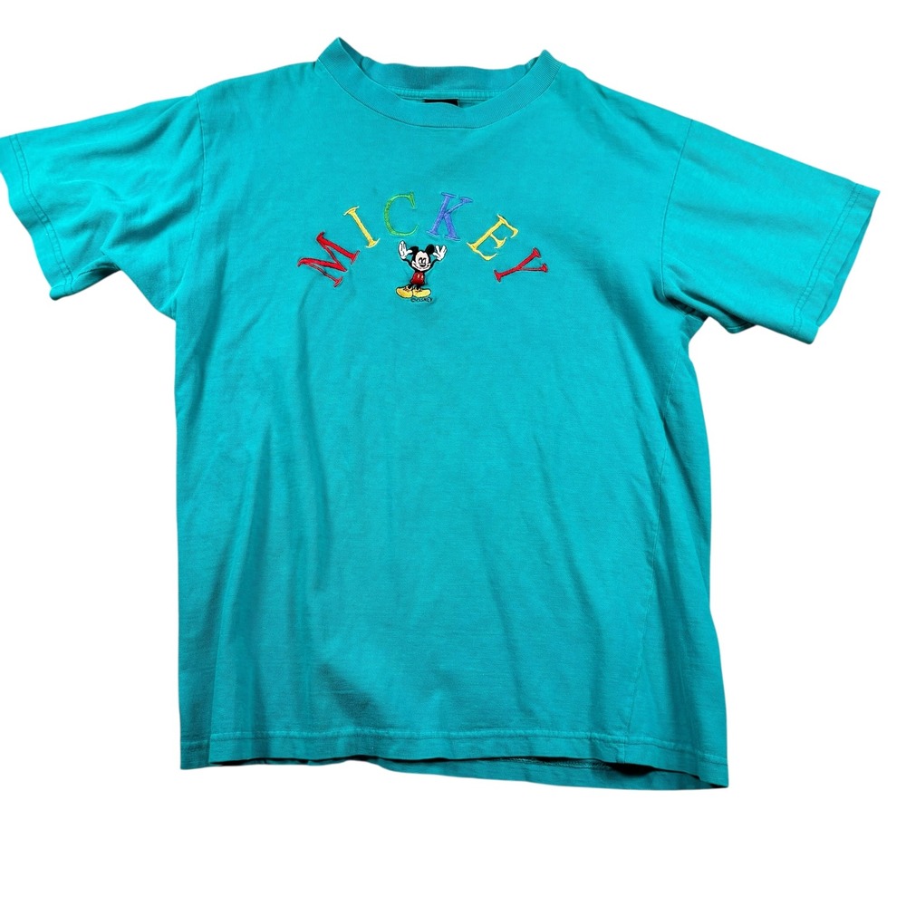VTG Mickey Unlimited‎ Disney T Shirt Sz L Teal Embroidered Tee Y2K 90s